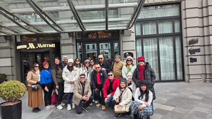 Ajit Jain's group of eighteen travellers outside their hotel in Tbilisi, Georgia